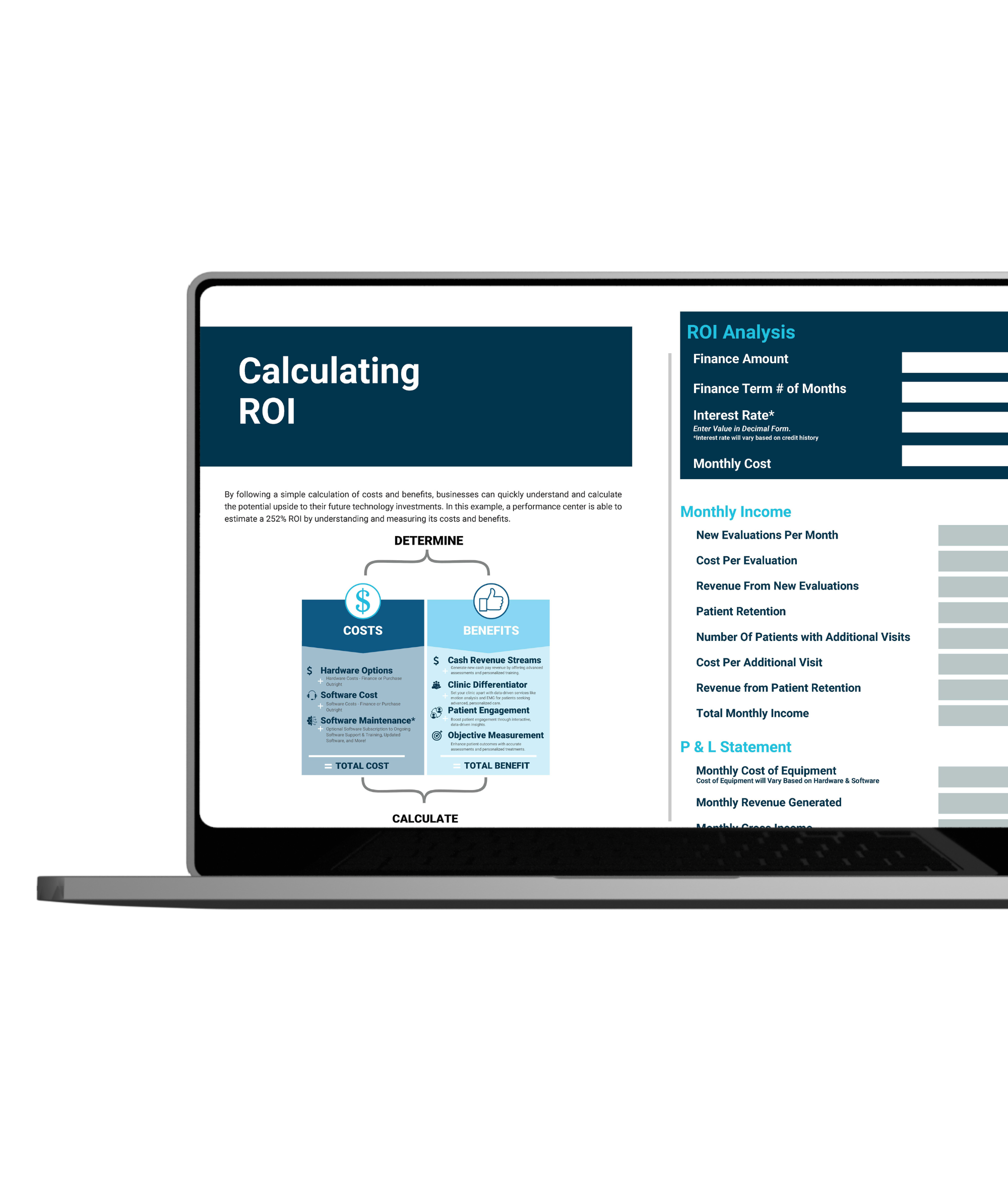 Customizable ROI Calculator A laptop screen displaying an ROI calculation tool for clinics. The left side shows a section titled 'Calculating ROI,' featuring a breakdown of 'Costs' (hardware options, software costs, software maintenance) and 'Benefits' (cash revenue streams, clinic differentiator, patient engagement, objective measurement). The right side includes fields for ROI analysis inputs, such as finance amount, term, interest rate, monthly cost, and monthly income projections.