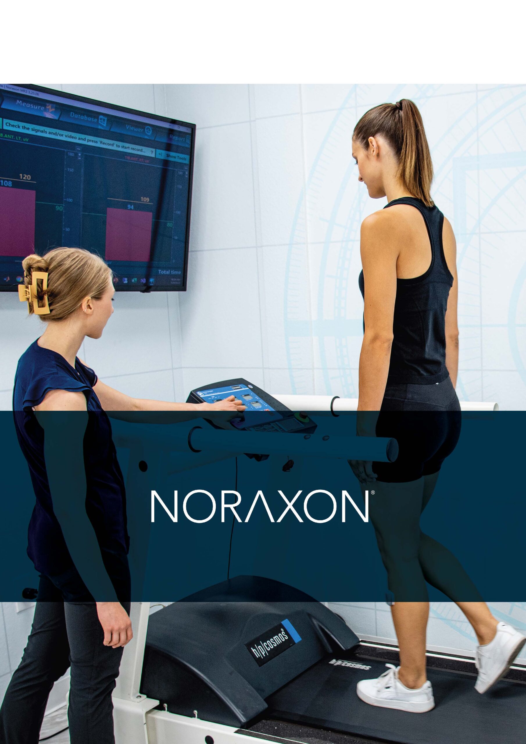 ROI Booklet Download A clinician operating the control panel of a treadmill while a patient walks on it. The treadmill is equipped with advanced biomechanical technology, and data is displayed on a monitor in the background. The image features the Noraxon logo prominently across the lower section.