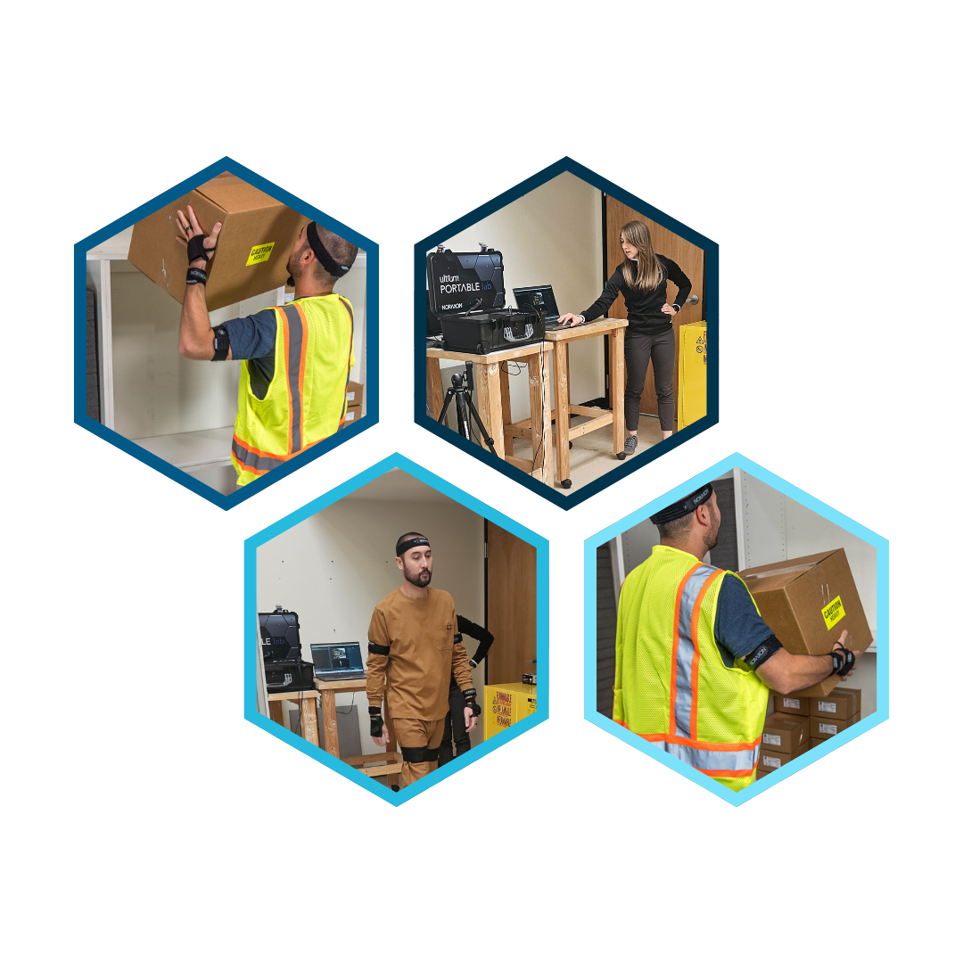 Ergonomics Webinar A man wearing a full-body motion capture setup with Noraxon Ultium Motion sensors on his head, arms, wrists, and legs- walks through a workspace. He is dressed in a brown work uniform and sneakers. In the background, a person is partially visible adjusting equipment. A wooden workstation with a laptop displaying motion analysis software is visible, along with a black equipment case labeled 'Lab.' Nearby, a yellow flammable materials cabinet and shelves with labeled boxes are present, indicating an industrial or research setting.