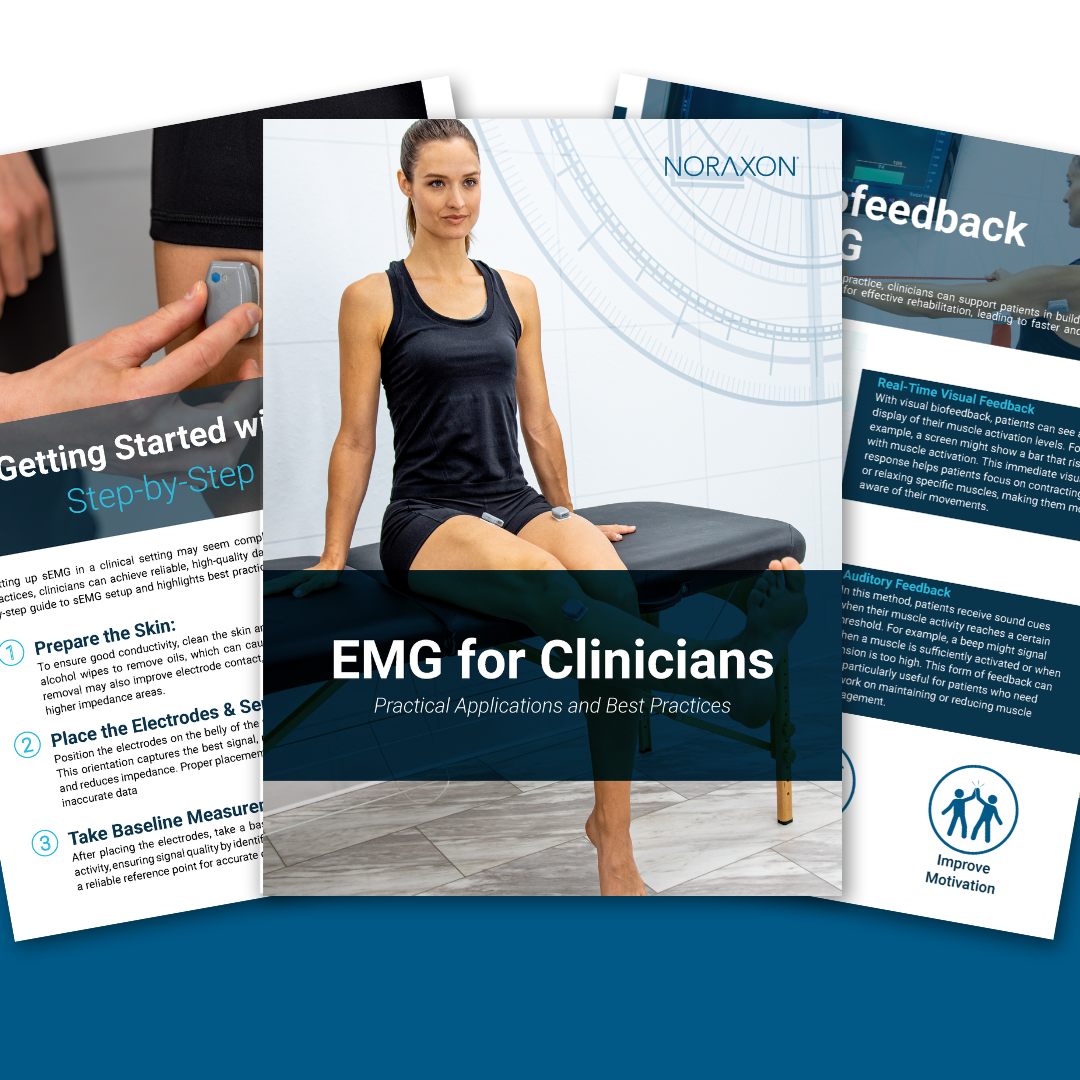 EGM For Clinicians Booklet Download Promotional image showcasing the "EMG for Clinicians" e-book by Noraxon. The center features the e-book cover with a woman in athletic wear seated on an exam table wearing EMG sensors. The title reads "EMG for Clinicians: Practical Applications and Best Practices." Behind the main cover, two additional inside pages are partially visible—one with step-by-step EMG setup instructions and the other highlighting EMG biofeedback features like visual and auditory feedback.