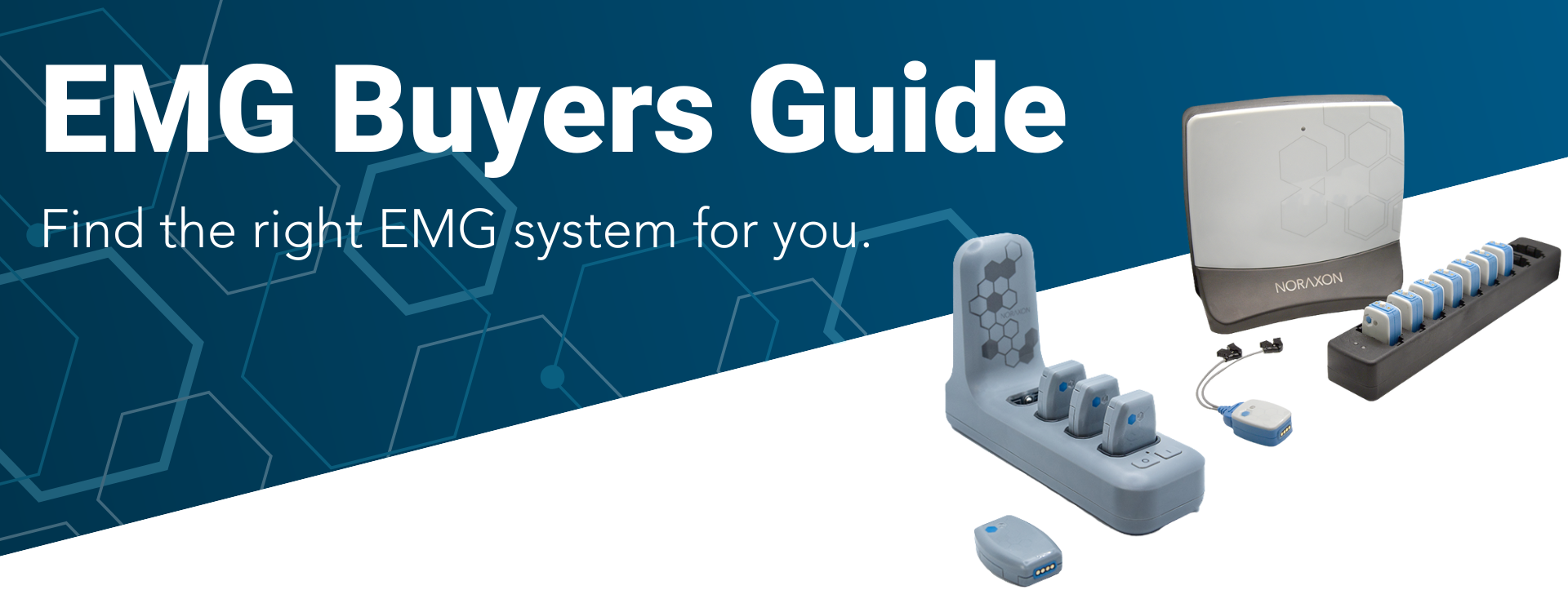 Promotional banner with the text ‘Not sure which Surface EMG System is right for you?’ above images of Noraxon EMG hardware, including sensors and charging stations. A blue button at the bottom says ‘Get the Guide.’