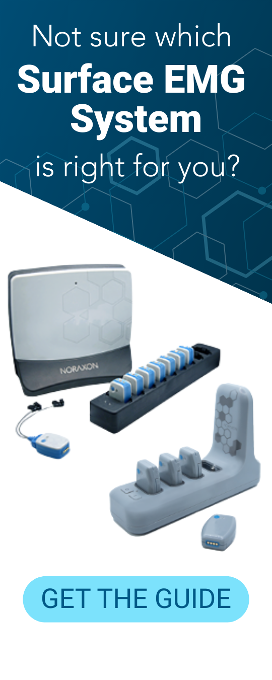 Promotional banner with the text ‘Not sure which Surface EMG System is right for you?’ above images of Noraxon EMG hardware, including sensors and charging stations. A blue button at the bottom says ‘Get the Guide.’