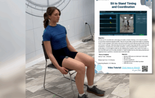 Student sitting in a chair preparing for a sit-to-stand movement in a biomechanics lab, shown next to a printed handout titled 'Sit to Stand Timing and Coordination' from the EMG Lab Experiment series, with objectives, instructions, and a video tutorial link.