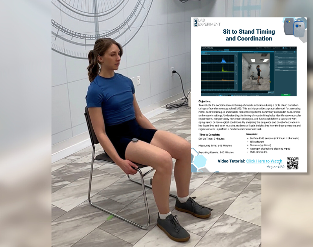 Student sitting in a chair preparing for a sit-to-stand movement in a biomechanics lab, shown next to a printed handout titled 'Sit to Stand Timing and Coordination' from the EMG Lab Experiment series, with objectives, instructions, and a video tutorial link.