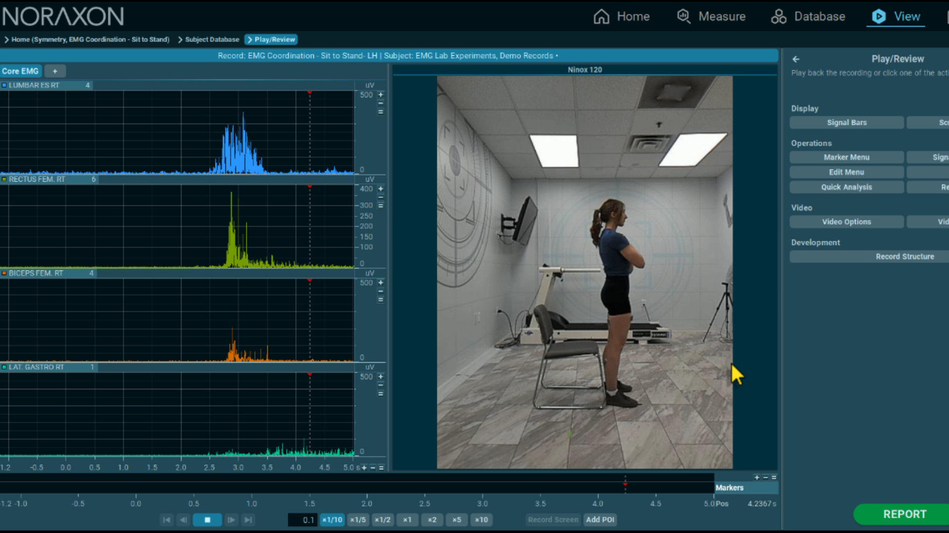 Sit to Stand Timing and Coordination (1) EMG analysis screen showing muscle activation graphs for lumbar erector spinae, rectus femoris, biceps femoris, and gastrocnemius during a sit-to-stand task, alongside a video of a subject standing from a chair in a biomechanics lab.