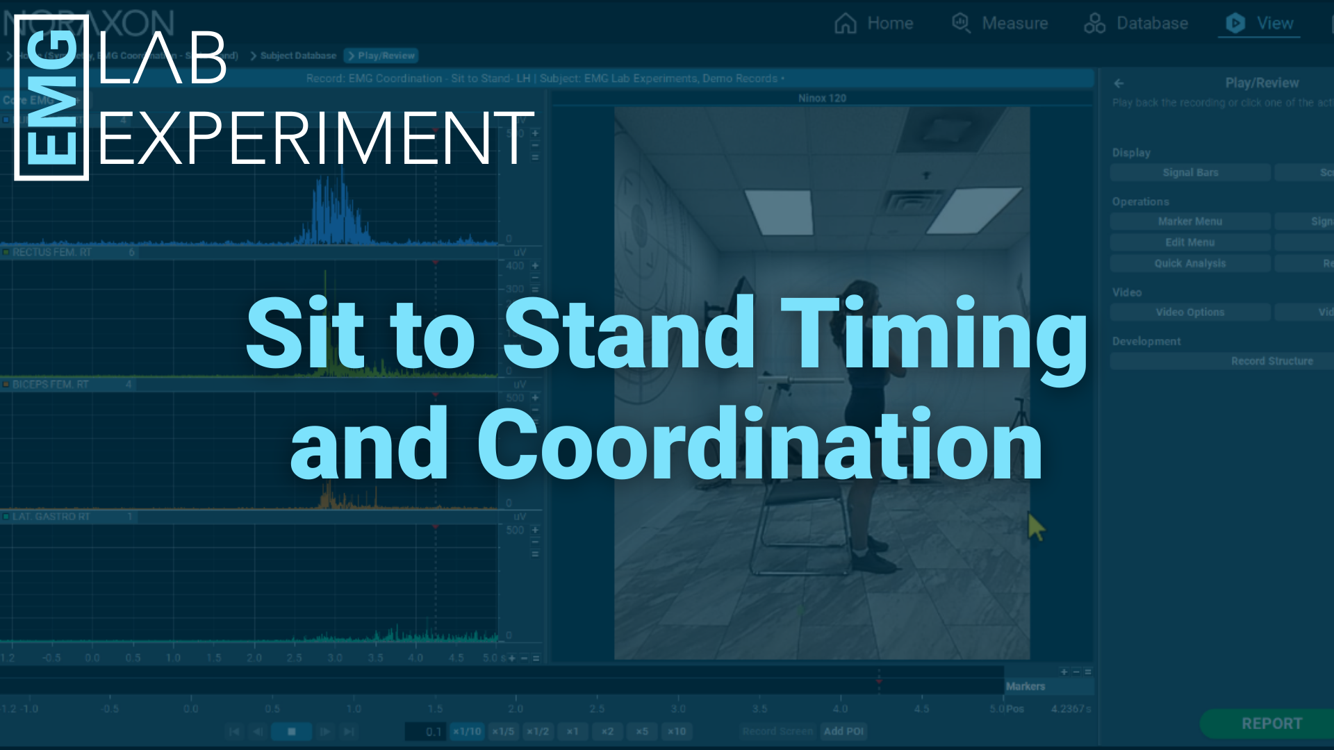 Title slide for EMG Lab Experiment: Sit to Stand Timing and Coordination, showing a subject standing from a chair alongside EMG signal graphs on the screen.