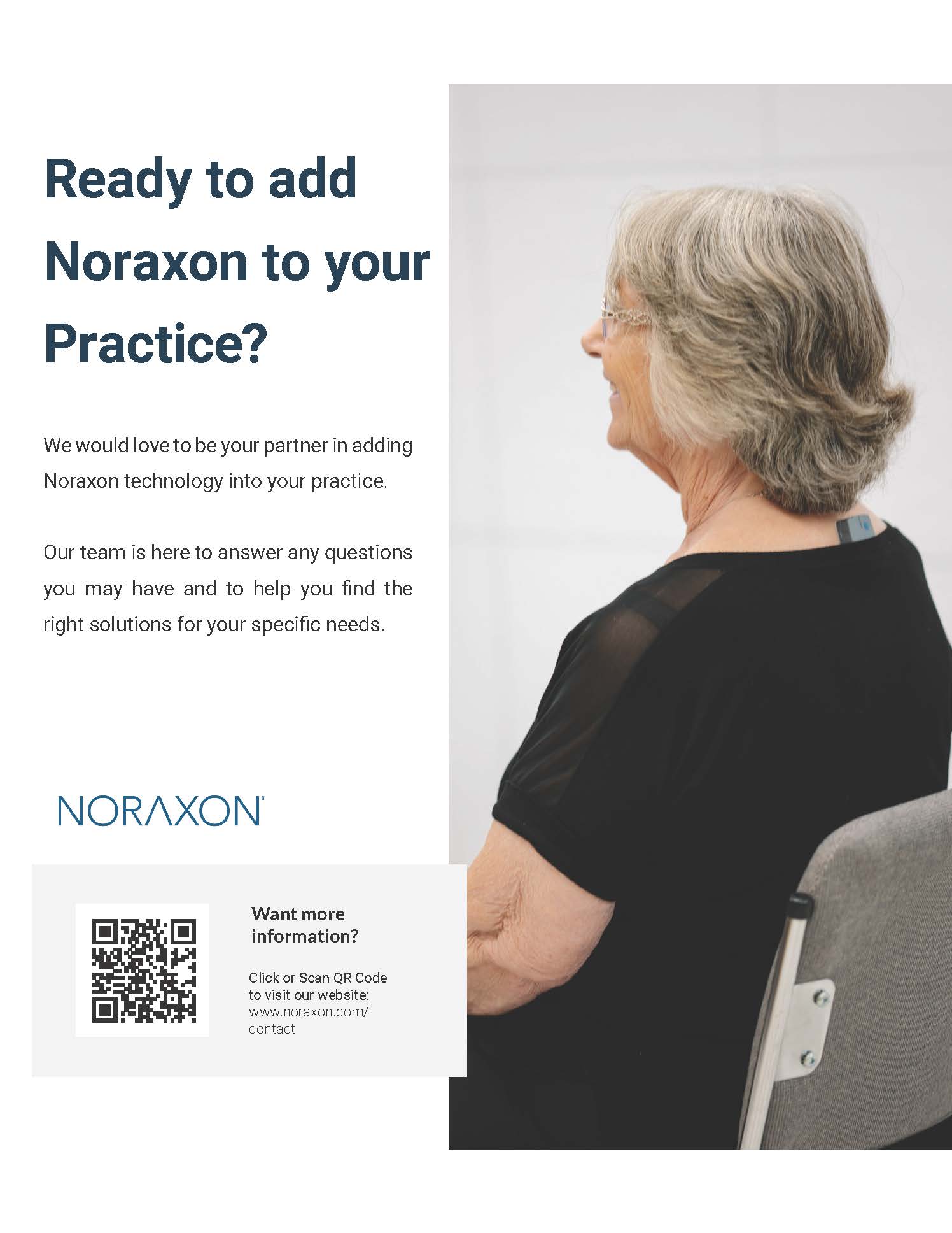 Mobility Testing Book_Page_10 Promotional flyer featuring a seated older woman wearing a motion sensor on her upper back. The text reads: 'Ready to add Noraxon to your Practice? We would love to be your partner in adding Noraxon technology into your practice. Our team is here to answer any questions you may have and to help you find the right solutions for your specific needs.' The bottom section displays the Noraxon logo and a QR code with the text: 'Want more information? Click or scan QR code to visit our website: www.noraxon.com/contact .'