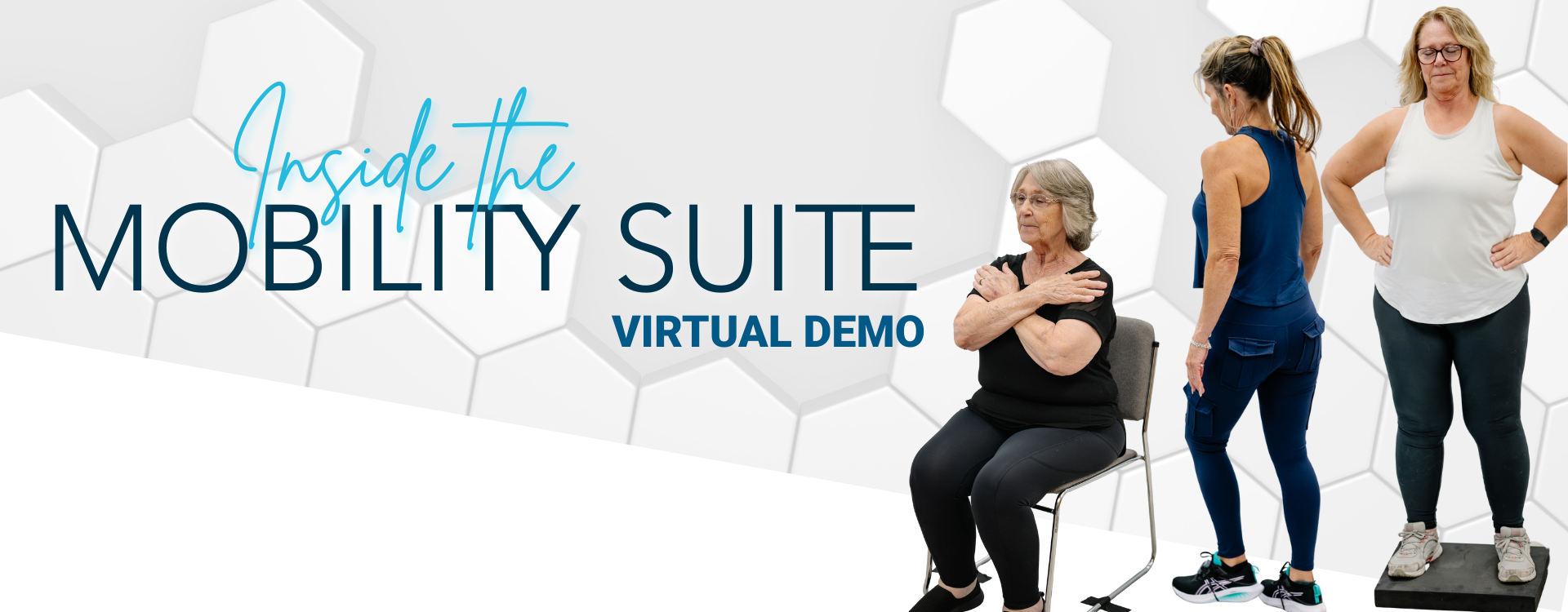 Banner graphic titled “Inside the Mobility Suite” featuring three women performing different mobility assessments: one seated with arms crossed for a sit-to-stand test, one standing on a balance plate viewed from the back, and one standing hands-on-hips on a foam pad. Two IMU sensors are shown on the left, with a blue hexagon background design.