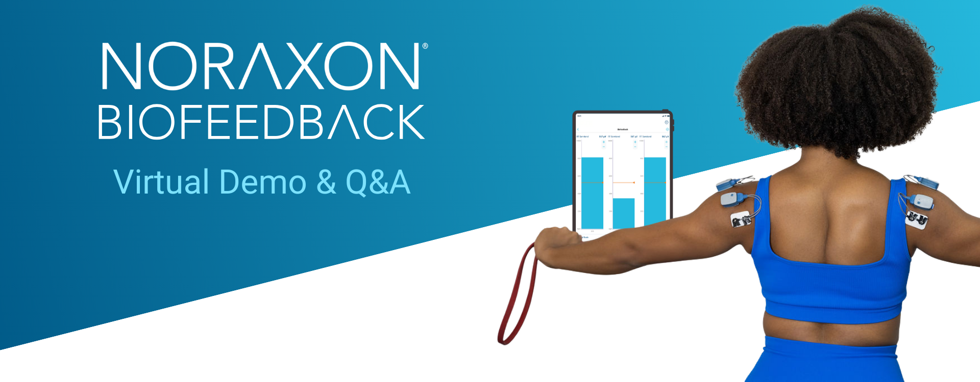 Promotional banner for Noraxon Biofeedback Virtual Demo & Q&A showing a person performing a resistance band exercise while wearing wireless EMG sensors on the shoulders, with a tablet displaying biofeedback data and the Noraxon logo on a blue background.