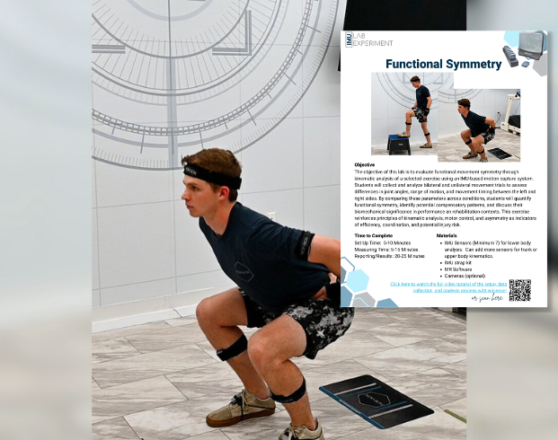 Participant performing a squat while wearing IMU motion sensors during a functional symmetry lab experiment, with an example lab worksheet shown on the right describing the activity and materials.