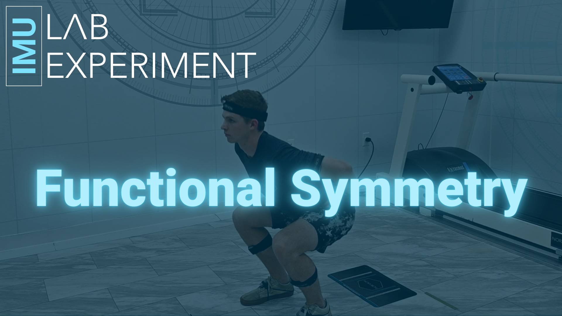 A digital graphic titled “IMU Lab Experiment: Gait Kinematics and Symmetry.” The background shows a screenshot of a Noraxon IMU Gait Lab Report displaying gait phase illustrations and symmetry parameters. Overlaid in the foreground is glowing blue cursive text that reads “Gait Kinematics and Symmetry,” paired with the structured IMU Lab Experiment logo in the upper left corner. The image visually represents a biomechanics lab experiment focused on gait phase analysis and movement symmetry using IMU sensors.