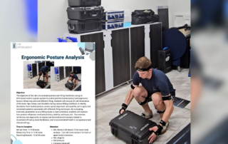 Promotional graphic for an IMU Lab Experiment on Ergonomic Posture Analysis. Background shows a person performing a squat lift while wearing motion sensors and lifting a hard equipment case. An inset poster on the left outlines the lab objective, setup details, materials, and QR code for accessing the full experiment.