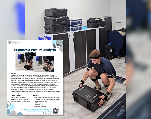 Promotional graphic for an IMU Lab Experiment on Ergonomic Posture Analysis. Background shows a person performing a squat lift while wearing motion sensors and lifting a hard equipment case. An inset poster on the left outlines the lab objective, setup details, materials, and QR code for accessing the full experiment.