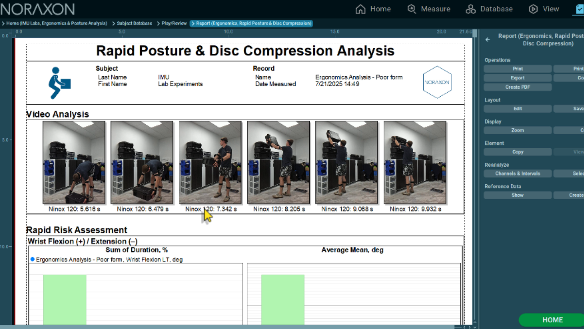 Rapid Posture & Disc Compression Analysis A screenshot of a Noraxon IMU Gait Lab Report displaying gait phase analysis. The report includes a series of illustrated walking figures showing the stance and swing phases, along with labeled events such as heel strike and toe-off. Below the visuals, a table lists gait phase parameters comparing left and right stance phases with percentage and variability data. The interface shows options for exporting, editing, and viewing reports within the Noraxon software.