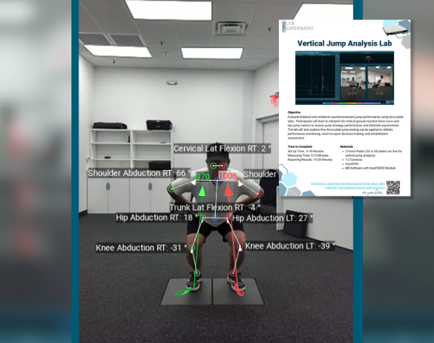 Explore Vertical Jump Performance Athlete performing a squat jump on force plates with 2D markerless tracking displaying joint angles and body alignment. A Vertical Jump Analysis Lab experiment guide is shown in the upper right.