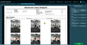 Report Bilateral Jump Analysis Noraxon MR Advanced Jump Analysis report displaying synchronized frontal and side video of an athlete during the loading, flight, and landing phases of a countermovement jump.